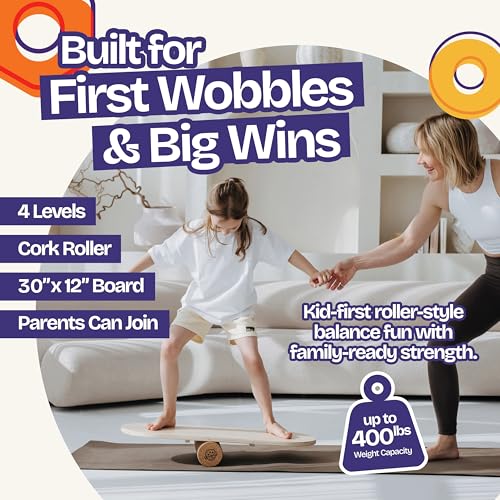 ComfyBumpy Balance Board for Kids with Cork Roller, 30" x 12" Wooden Balance Board, 4 Adjustable Levels, 400 lb Capacity, Progressive Balance Trainer for Kids, Parents & Family Play