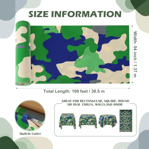 100FT x 54IN Camouflage Plastic Tablecloth Roll with Slide Cutter Box | Heavy Duty Disposable Green Camo Table Cover Wall Backdrop for Picnic, Birthday, Camouflage Party Supplies - color: Green Camo, size: 1200" x 54" (Rectangular)