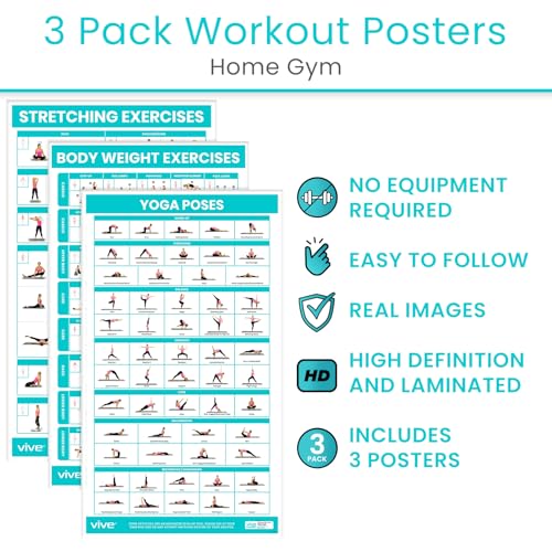 Vive Workout Posters for Home Gym (3 Pack) - Bodyweight, Yoga Poses