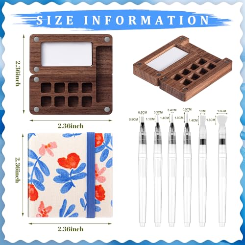 Qilery Mini Portable Watercolor Palette Set Wooden Grid Paint Box Watercolor Paper Sketch Book Brush Pens with Binder Clip for Painters Artist Not Include Paint(Azalea) - style: Azalea