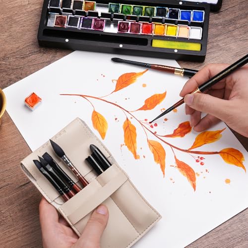 Travel Watercolor Brushes, Fuumuui Professional 6pcs Natural Soft Squirrel Hair Watercolor Travel Brush Set with Graphite Tip Pen Perfect for Watercolor Gouache Ink Painting - color: Black-6pcs