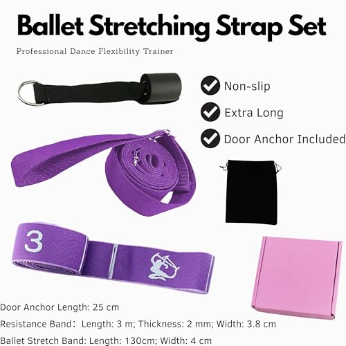 Danzcue Ballet Stretch Strap Set – Professional Dance Flexibility Trainer with Door Anchor, Extra Long Non-Slip Stretching Bands for Ballet, Jazz, Contemporary & Gymnastics - color: Purple+Purple