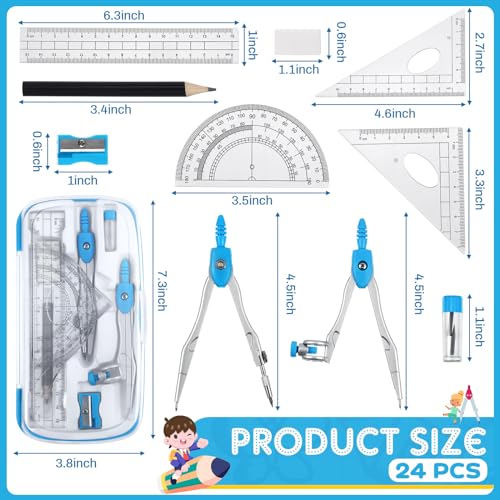 Teling 24 Sets Math Geometry Kit for Students 10 Pcs Compass Geometry Tools Set Includes Rulers Protractor Compass Eraser Pencil Sharpener Lead Refills Pencil