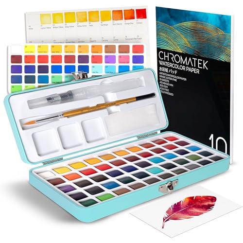 CHROMATEK Watercolor Paint Set, 50 Vivid Colors, Water Color Paper Pad, Brush, Aqua Pen, Palette, Color Chart, Swatch Sheets & Metal Travel Case, Premium All-In-One Art Travel Kit Art Supplies - color: 50 Pan Travel Set