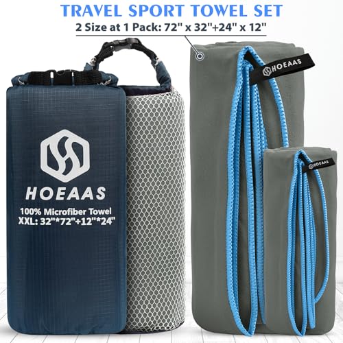 HOEAAS 2 Pack Microfiber Camping Towels, Quick Dry Towel, Super Absorbent Ultra Compact Travel Towel Soft Lightweight Sports Towel for Sweat Fast Drying Towels for Pool,Gym,Hiking,Backpacking,Fitness - color: Grey, size: XXL: 72" x 32"+24" x 12"