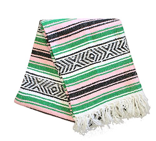 Del Mex Classic Mexican Blanket, Large Authentic Woven Falsa Throw (70"x50"), Artisan Southwest Décor for Beach, Yoga, Outdoors (Green/Pink) - color: Green/Pink