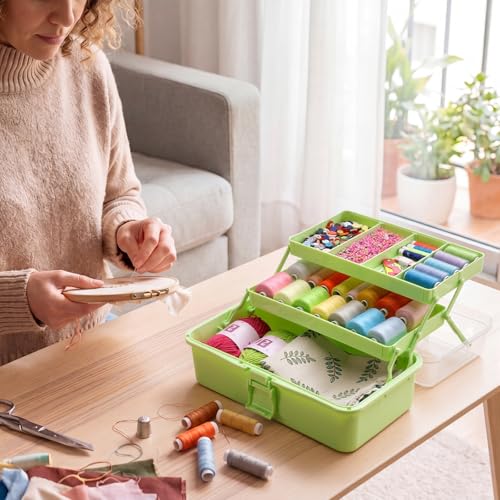 BTSKY 3-Layer Foldable Craft Organizer, Portable Tackle Box with Handle & Adjustable Dividers, Multi-Purpose Toolbox for Art Supplies, Sewing, Medicine, 12.2x6.7x5.7 Inch, Light Green - color: Light Green