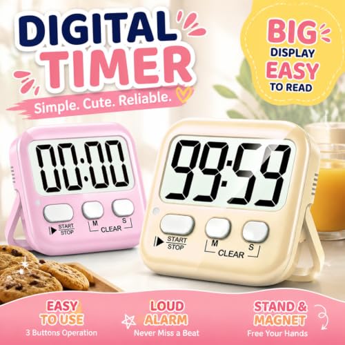 Antonki 2 Pack Digital Timer for Kids Classroom Kitchen Timers for Cooking | w/ Battery, Easy to View, Alarm, Mute Mode, Count Down/Up, Magnetic, Kickstand, Hanging, Classroom Timer for Teacher Supplies - color: 2 * Lovely Pink + Light Peach