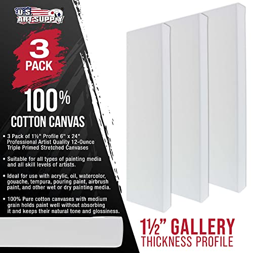 U.S. Art Supply Long Stretched Canvas for Painting 6x24 inch Gallery Depth 1-1/2" Thick, 3-Pack - 12oz Acrylic Gesso Triple Primed, Professional Artist Quality, 100% Cotton - Pouring, Oil Paint - size: 6" x 24"