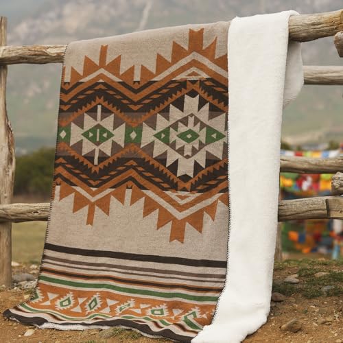 Aztec Throw Blanket with Soft Sherpa Lining, Traditional Southwestern Navajo Tribal Style Warm Throw for Camping, Outdoor, Cozy Boho Blanket for Couch, Sofa, Bed, 60"x80", Yellow - color: Yellow, size: 60" x 80"