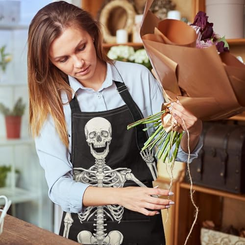 Apron with Pockets, 32x28 inch, for Women Men, Black Skull | Halloween Skeleton Rock Waterproof Adjustable Bib Aprons for Kitchen Cooking Baking Painting Gardening - color: Black Skull