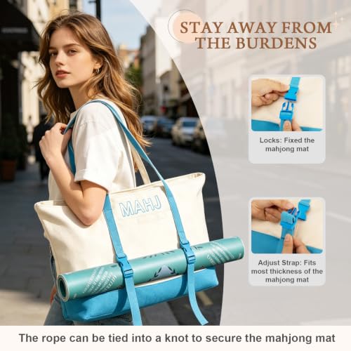 Mahjong Bag Storage Carrying Case for Tiles with Shoulder Strap (Blue) | 3-Bag System, External Mat Strap, Large Capacity, Lightweight Canvas, Reinforced Stitching, Fast Packing. - color: Blue