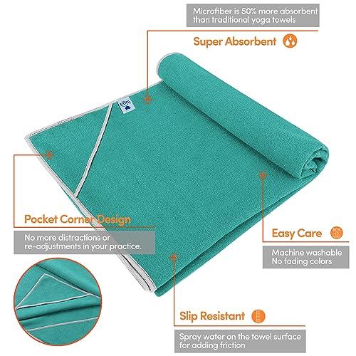 IUGA Yoga Towel for Hot Yoga Non Slip Extra Thick Yoga Mat Towel + Hand Towel 2in1 Set with Corner Pockets Super Absorbent and Quick Dry Hot Yoga Towel - color: New Turquoise, size: 72”X26”