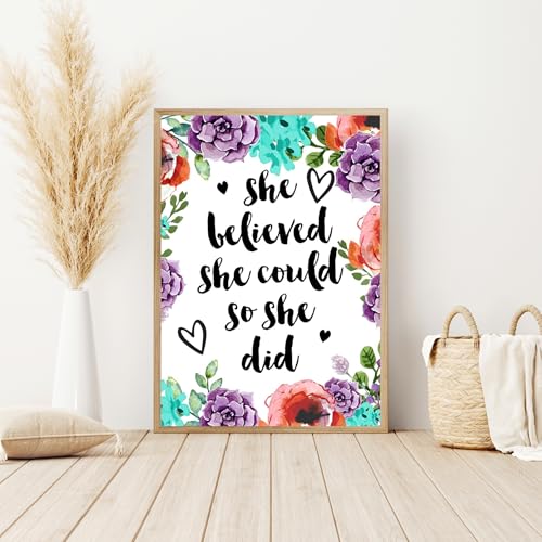 Modern Merch Inspirational Diamond Art for Adults DIY Motivational Quote Wall Art Floral 5D Diamond Painting for Adults, Flowers Cross Stitch Gem Art, Round Drill 12x16 - color: She Believed