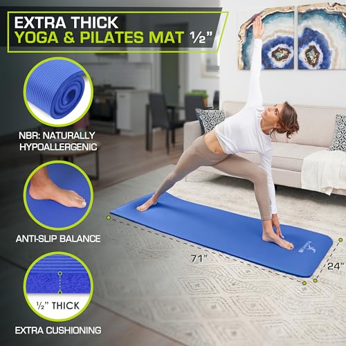 ProsourceFit Extra Thick Yoga and Pilates Mat 1/2” (13mm) or 1" (25mm), 71-inch Long High Density Exercise Mat with Comfort Foam and Carrying Strap - color: Blue, size: 1/2"