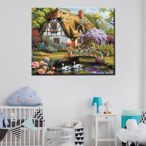 Forest Cottage Scenery Paint by Numbers Kits 16x20 inch Canvas Flowers Bridge Swan Landscape DIY Oil Painting for Adults Beginner with Brushes and Acrylic Pigment-Cabin Scenery Photo Gift(Frameless) - color: Nature Scenery 12, size: 16''x20''(Frameless)