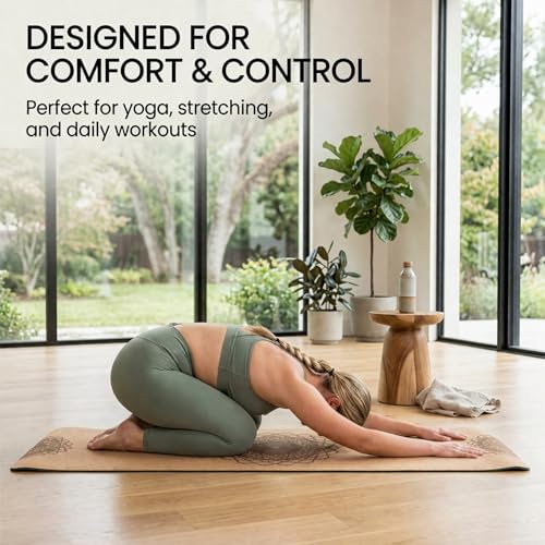 Workout Mat with Carrying Strap - 6mm Thick Cork Yoga Mat (72” x 24”) - Non-Slip Cork Mat for Home, Gym, Fitness & Hot Yoga - Lightweight, Cushioned, Durable & Sweat-Resistant by Fitby
