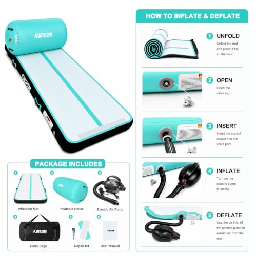 AWSUM Inflatable Gymnastics Mat with Air Roller Barrel Tumbling Equipment - color: Mint Green/Black+Green Roller, size: 10ft*3.3ft*4in&(L)40in*(Diam)23.6"