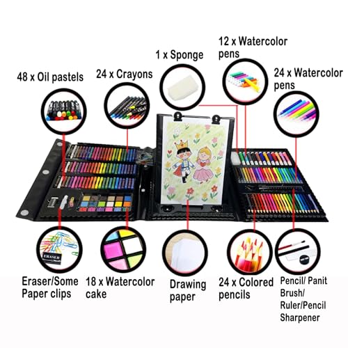 DLUCKY 208 PCS Art Supplies Drawing Art Kit Adults for Kids Art Set,Black | with Double Sided Trifold Easel, Oil Pastels, Crayons, Colored Pencils, Watercolor Pens Gift for Girls Boys Artist - color: BLACK