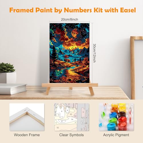 MOGTAA Starry Night Paint by Numbers Kit for Adults with Frame, Mountains Paint by Number Canvas, Landscape Paint by Numbers with Easel, DIY Oil Painting Kit for Home Wall Decor 8 x 12 Inch - color: Starry Night