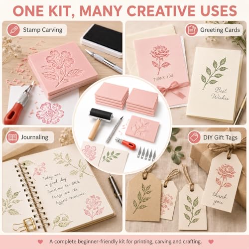 8Pcs Linoleum Blocks for Printmaking, 4 x 6 Rubber Carving Block, Stamp Carving Kit, Rubber Stamp Kit with Cutter Tools for Stamp Carving, DIY Printmaking Pink
