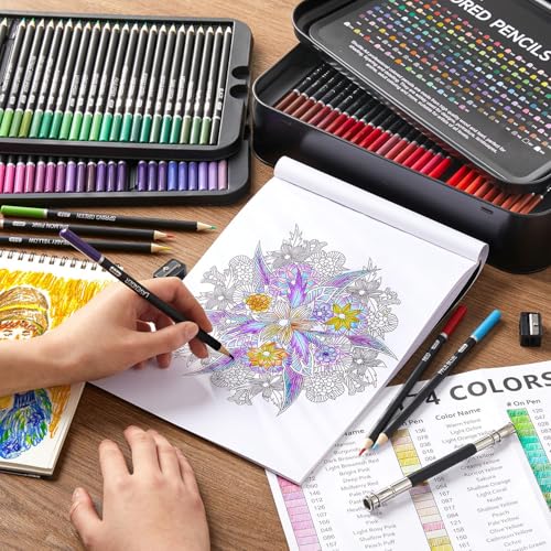 Shuttle Art 174 Colored Pencils for Adults, Soft Core Coloring Pencils Set with 1 Coloring Book, 1 Sketch Pad, 4 Sharpener, 2 Pencil Extender, Perfect for Artists Kids Adults, Drawing - color: 174 Colors
