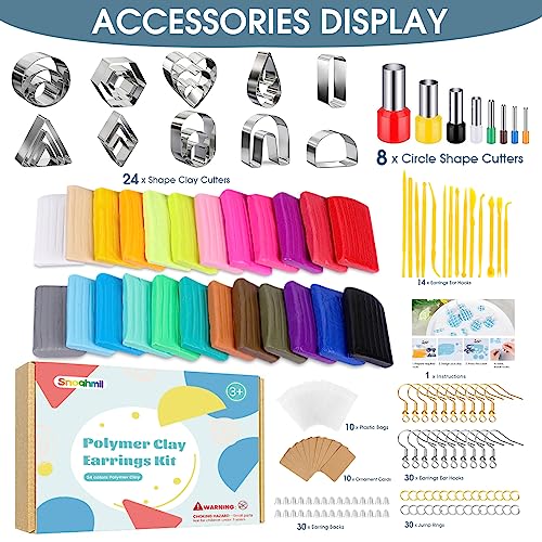 Clay Earring Making kit,32 Cutters,24 Clay,30 Hooks&Rings,Gift Box for Teen