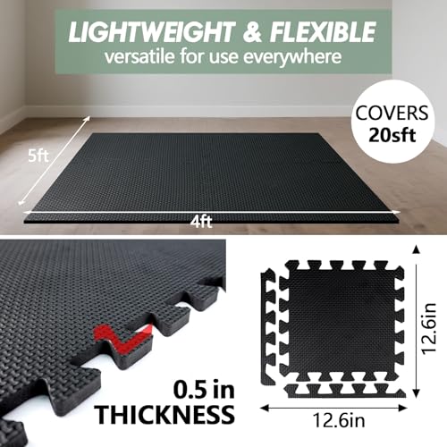 20 Sq Ft Gym Floor Mats, 0.5" Thick Interlocking Foam Tiles | Non-slip,High-density EVA interlocking mats for Home Exercise & Kids,Water-resistant,Easy to Clean,Anti-Fatigue - color: Black