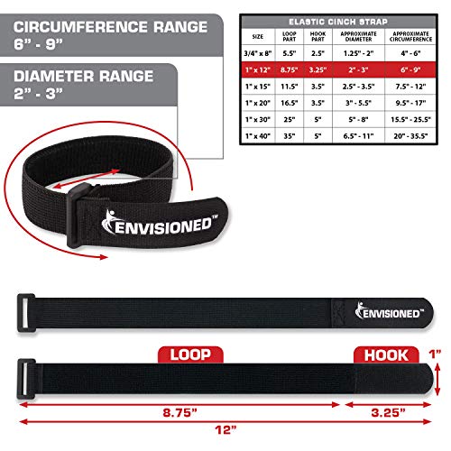 Elastic Reusable Cinch Straps 1"x12" - 10 Pack Hook and Loop - Plus 2 Free Bonus Reusable Cable Ties - size: 1" x 12"