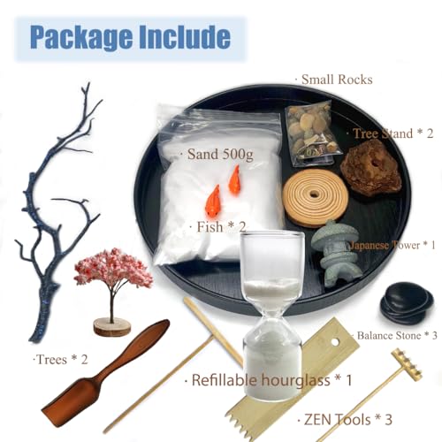 Desktop Zen Garden with Refillable Hourglass and Koi Fish – Miniature Japanese Rock Garden Kit with Sand, Rake, and Accessories – Stress Relief Desk Decor for Home & Office