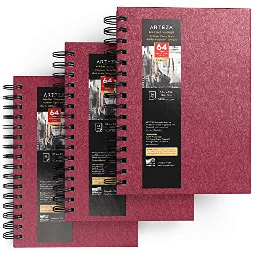 ARTEZA Watercolor Sketchbook, 3-Pack, 64 Pages Each, 5.5 x 8.5 Inches, Pink Hardcover, 140-Pound Spiral-Bound Paper - color: Pink, size: 5.5x8.5 inch - 3 pack