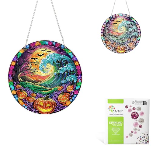 MAXBYE Moon Pumpkin Patch Diamond Art Kits for Adults Hanging Ornament, DIY Special Crystal Diamond Painting kit, Double Sided Painting Kits for Beginners Wall Home Decoration 8×8 Inch, Halloween - color: XSL065