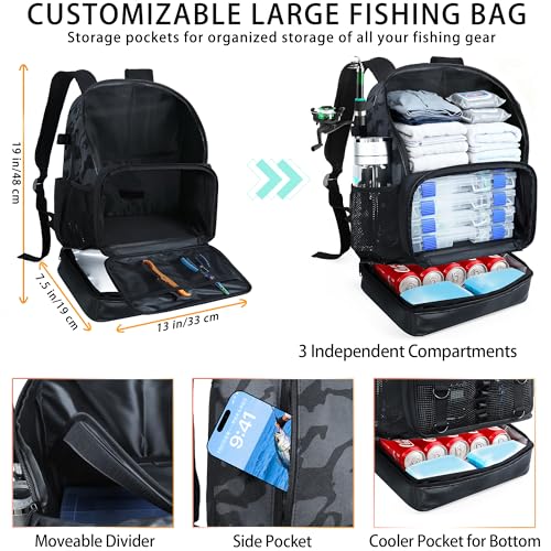 Fishing Backpack with Rod Holder, Heavy Duty Fishing Bag with Waterproof Bottom, Tackle Backpack Gifts for Man Woman-Black Camo - color: Black Camo