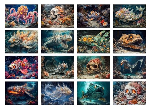 Decoupage Paper Pack (35 Sheets 6"x8") Deep Sea Monsters ~ Terrifying and Fantastical Glowing-Eyed Fish, Skulls, and Coral Beasts from The Abyss, in richly Textured Fantasy Horror Style - color: Twelve