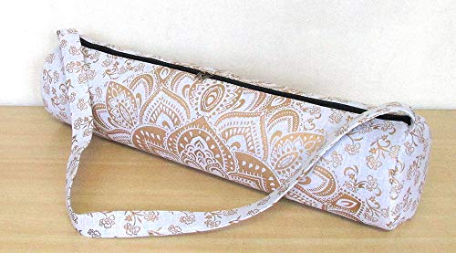 ICC Black Gold Mandala Full-Zip Exercise Yoga Mat Carry Bag Gym Beach Pilates Carrier Bags Hippie Mandala Indian Cotton Bag - style: White Gold Flower