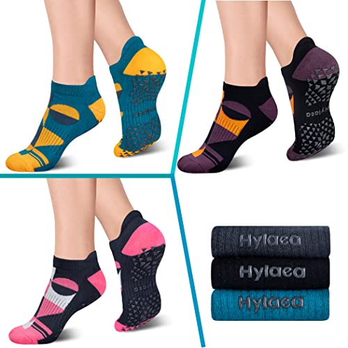 Hylaea Unisex Non Slip Socks with Grip for Yoga, Hospital, Pilates, Barre | Ankle, Cushioned | Breathable Cotton, Thick Cushioned Sole, Anti-Slip, Ankle Protection, Men Women, Ideal for Yoga, Barre, Hospital & Home Use - color: 3 Pairs Yellow Blue Brown,