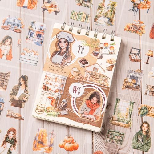 YagCu Season Scrapbook Stickers Set, Fall Junk Journal Supplies, Autumn 100 Sheets PET Transparent Sticker for Adults, Pre Cut Scrapbooking and Journaling for Women, Decorative Arts Crafts - color: Autumn