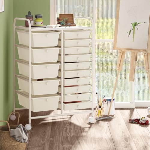 LDAILY 15 Drawer Rolling Storage Cart, Rolling Cart with Drawers for Classroom, Art Supply Craft Organizer on Wheel with Metal Frame & Handles for Home Office School - color: White, size: 15 Drawer