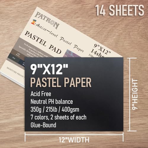 (14 Sheets) PATRON Pastel Paper Pad for Artists, Assorted Colors, 9x12 inches, (215lb/400gsm) 14 Sheets, Art Drawing Paper for Adults and Students,Glue Bound - size: 9*12 Pad (14 Sheets)