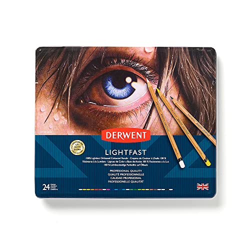 Derwent Lightfast Colored Pencils 24 Tin, Set of 24, 4mm Wide Core, 100% Lightfast, Oil-based, Premium Core, Creamy, Ideal for Drawing, Coloring, Professional Quality (2302720) - size: 24 Count (Pack of 1)