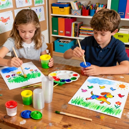 No Spill Paint Cups, 24pcs Paint Cups with Lids for Kids Suitable for Kids Paint, Spill Proof Paint Cups are Ideal for Classroom Art Supplies and Crafts, Durable Paint Cups with Lids(4 Colors)