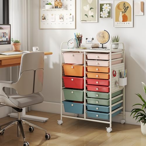 Giantex 15 Drawer Storage Cart, Rolling Craft Cart with Metal Tabletop & Pegboard, Mobile Utility Organizer Trolley with Locking Wheels, Home Office, Classroom, Teacher Supplies, Macaron Multicolor - color: Macaron, size: 15 Drawer-25"x14.5"x34.5"