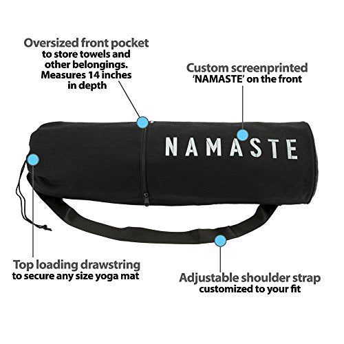 Masaya Namaste Large Yoga Mat Bag - Fits Exercise Mats, Drawstring Carrier for Men Women, Long Breathable Canvas Sling, Deep Front Pocket Zipper, Secret Storage, Adjustable Shoulder Strap