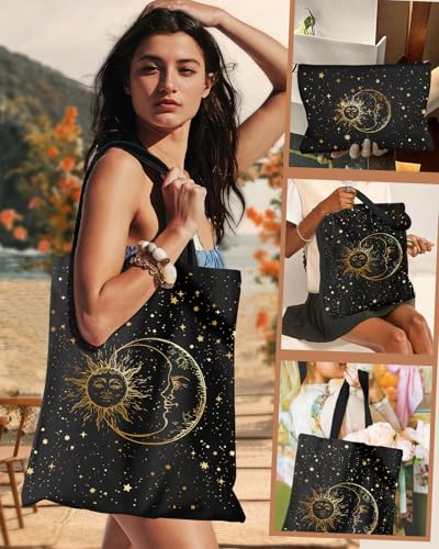 Miss Adola Aesthetic 2 Pack Canvas Tote Bag - with Makeup Zipper Pouch for Women Bag for Shopping, Gym, Travel, Vacation - color: Black Sun Moon