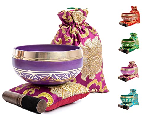 Tibetan Singing Bowl Set - Authentic Handcrafted Mindfulness Meditation Holistic Sound 7 Chakra Healing Gift by Himalayan Bazaar (Purple-Magenta) - color: Magenta Purple