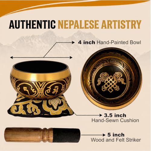 Tibetan Singing Bowl Set, Hand-Painted, Meditation, Made in Nepal, 4" - size: 4 inch