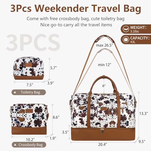 Weekender Bag, Large Travel Duffel Bag for Women, Carry on Overnight Bag with Shoe Compartment and Toiletry Bags - color: C-3PCS Black Brown Cow