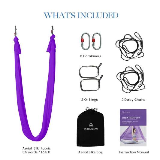 Aerial Yoga Hammock Swing, 4.5 Yards, Aerial Silks with Hardware | Knitted fabric with extension straps and a pose guide for aerial yoga, home gym and studio practice, suitable for all levels - color: Royal-Purple, size: 5.5 yards
