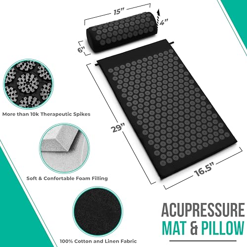 Sivan Acupressure Mat & Pillow Set for Back & Neck (Large, Black/Black) - color: Black/Black, size: Large