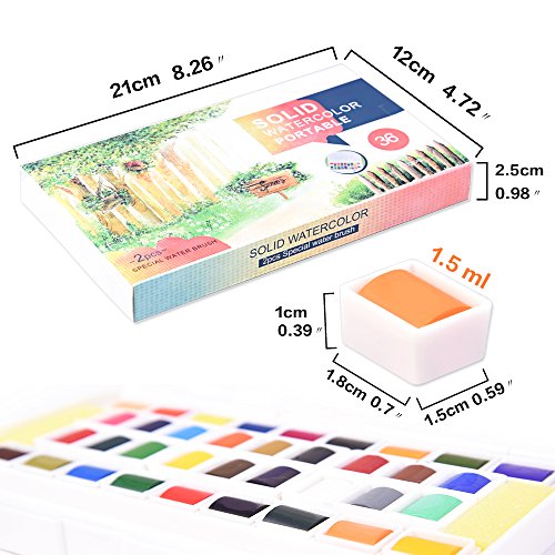36 Colors Watercolor Paint Set Travel Portable Solid Water Color Paint Kit with Water Brushes Sponges Mixing Palette Professional Art Supplies for Adults Professionals, Art and Painting Supplies - color: Solid Watercolor-36 Colors